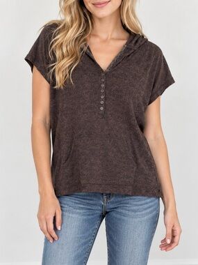 Ruff Hewn Hooded Short Sleeves Cotton Lightweight Henley Top
